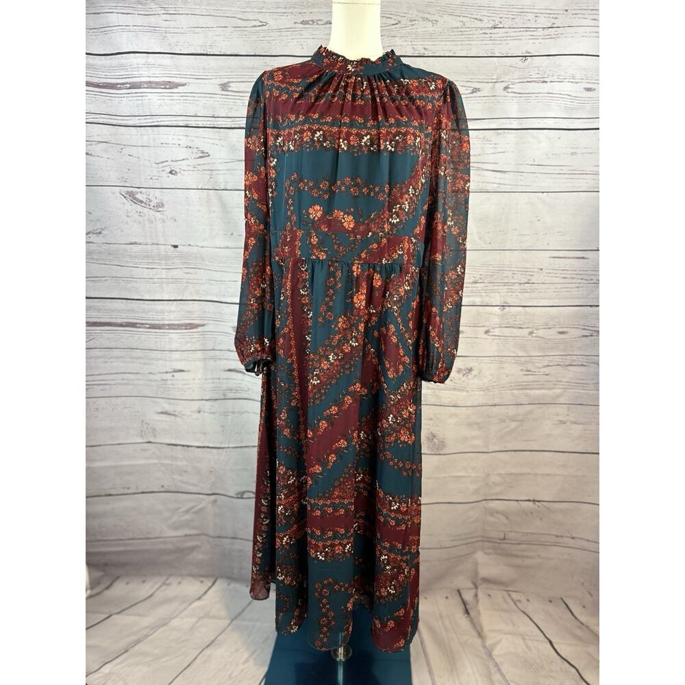 Julia Jordan Long Sleeve Mock Neck Midi Dress 16 Teal Burgundy Floral Boho Dress